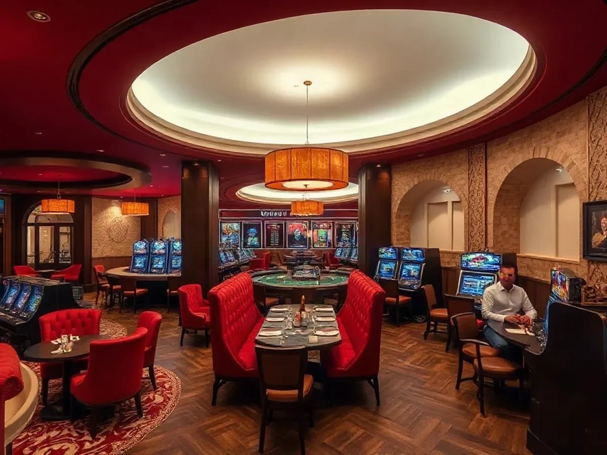 Gaming tables and slot machines across a wine-red and dark-wood floor under amber pendants.