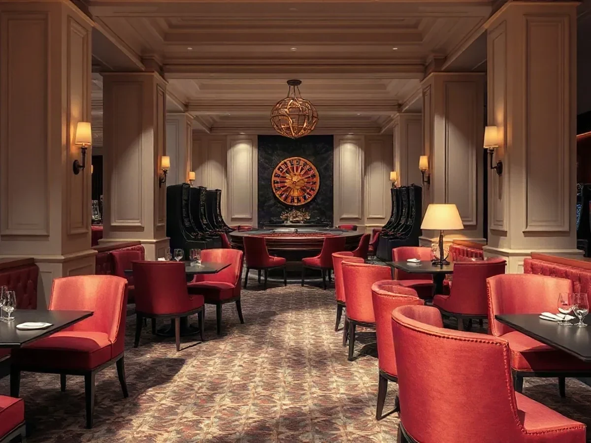 Wine-red lounge chairs and dark-wood tables in a calm pool of daylight and lamplight.