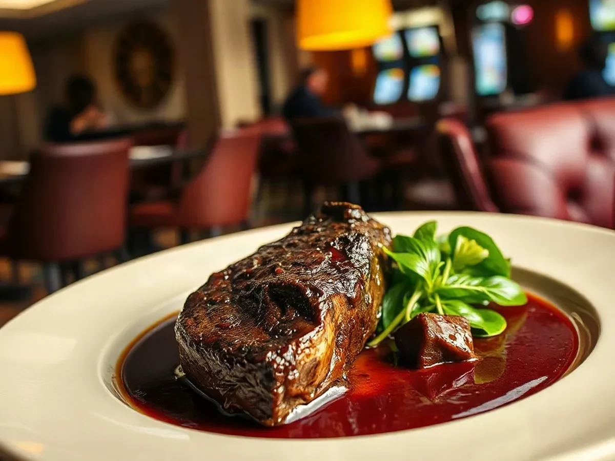 Slow-braised beef with crisp spring greens and glossy jus on a cream plate.