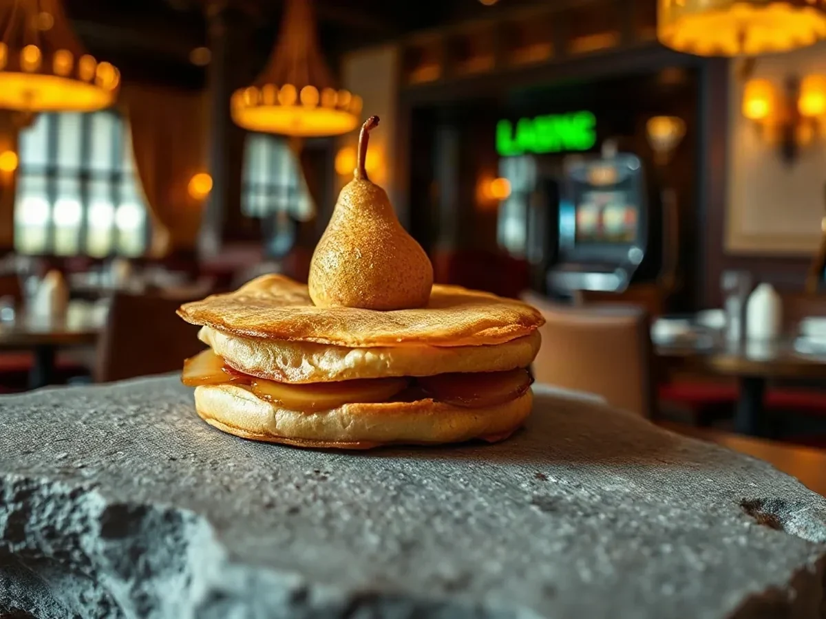 Poached pear and vanilla cream layered between delicate pastry on a stone plate.
