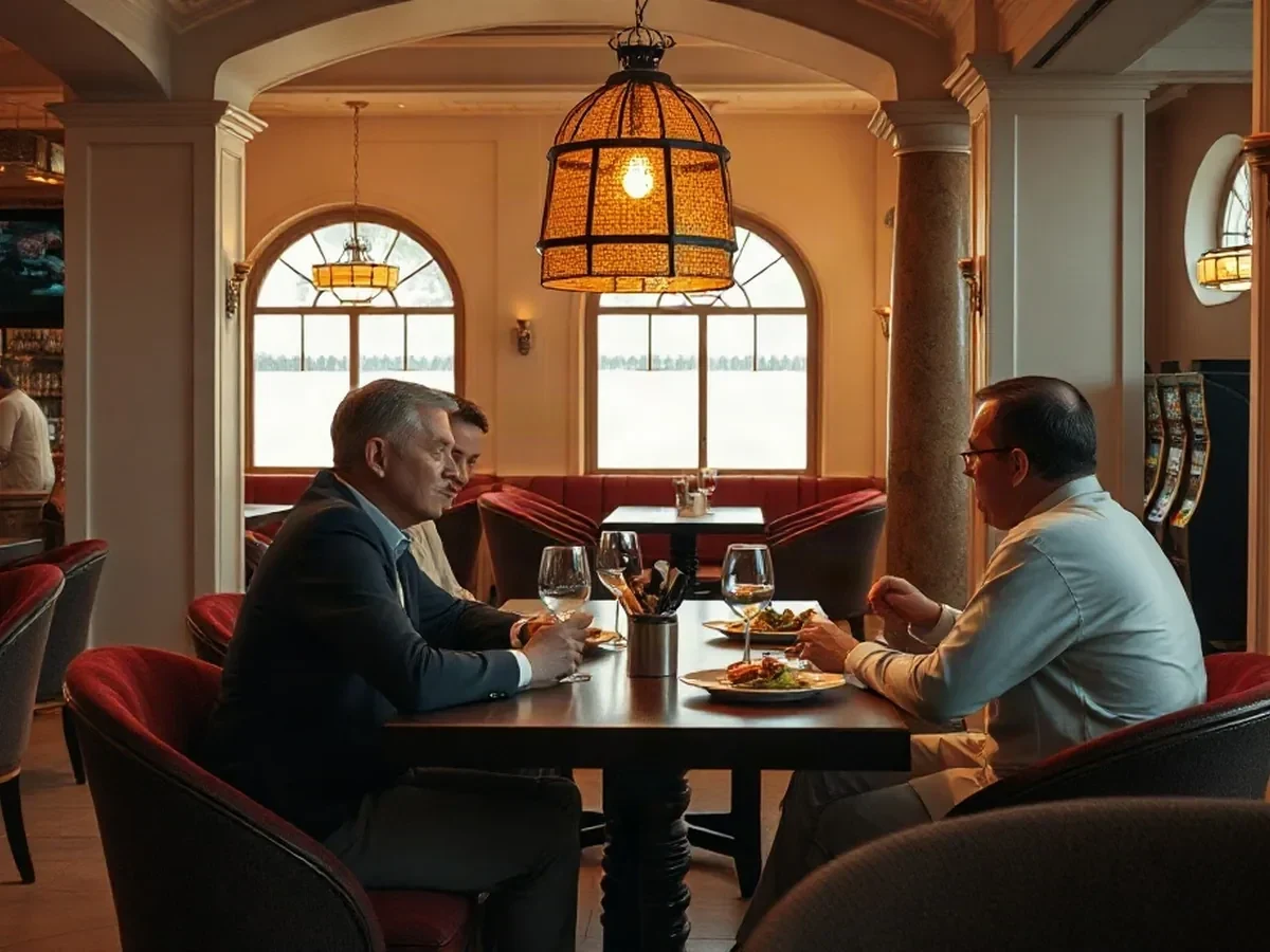 Adults share seasonal plates at a dark-wood dining table beneath warm pendant light.