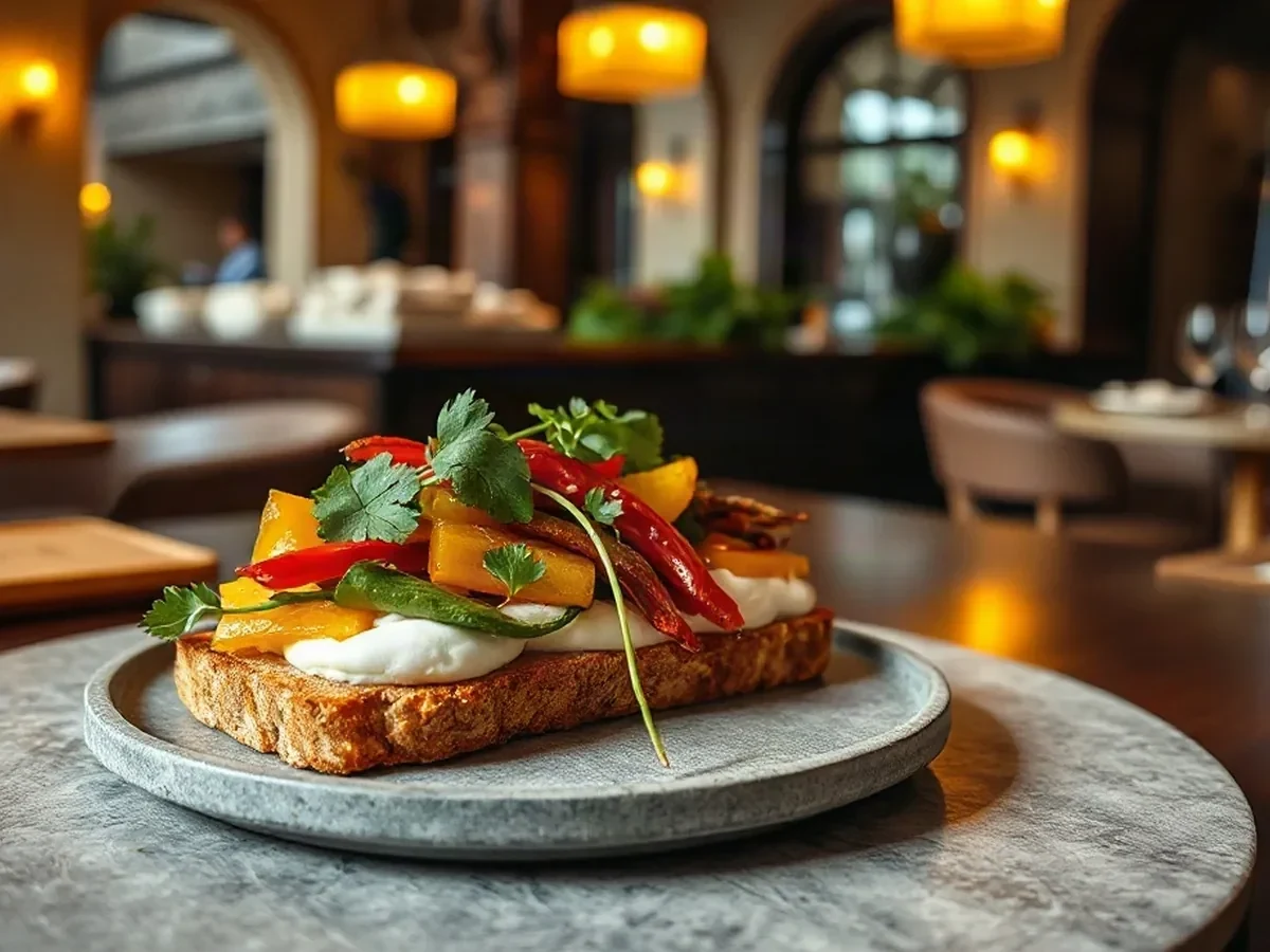 A crisp vegetable tartine with herb cream and fresh herbs on a stone plate in warm light.